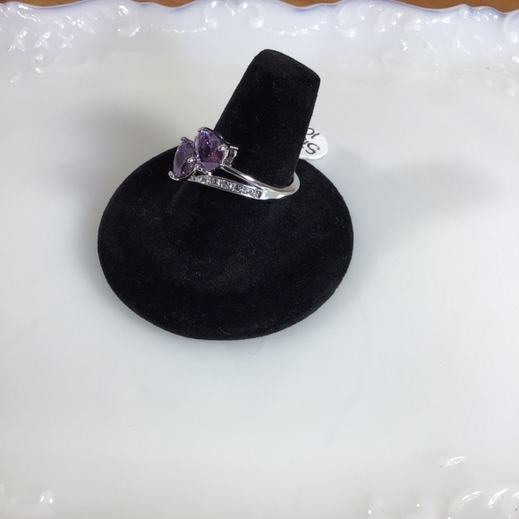 Purple Amethyst Double Hearts and Cubic Zirconia Silver Tone Adjustable Ring - Picture 3 of 4